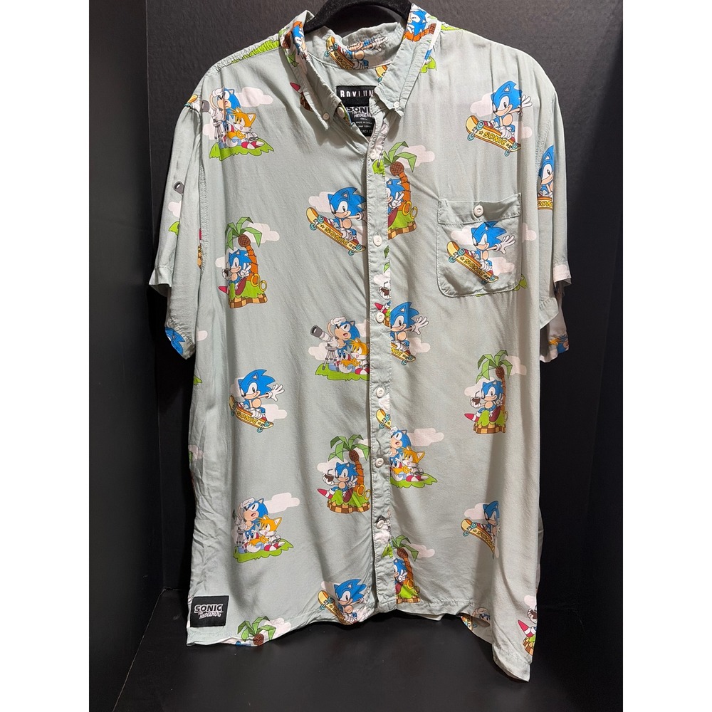 BoxLunch Sonic the Hedgehog Tails Sage Green Button Down Shirt Mens 2XL Hawaiian